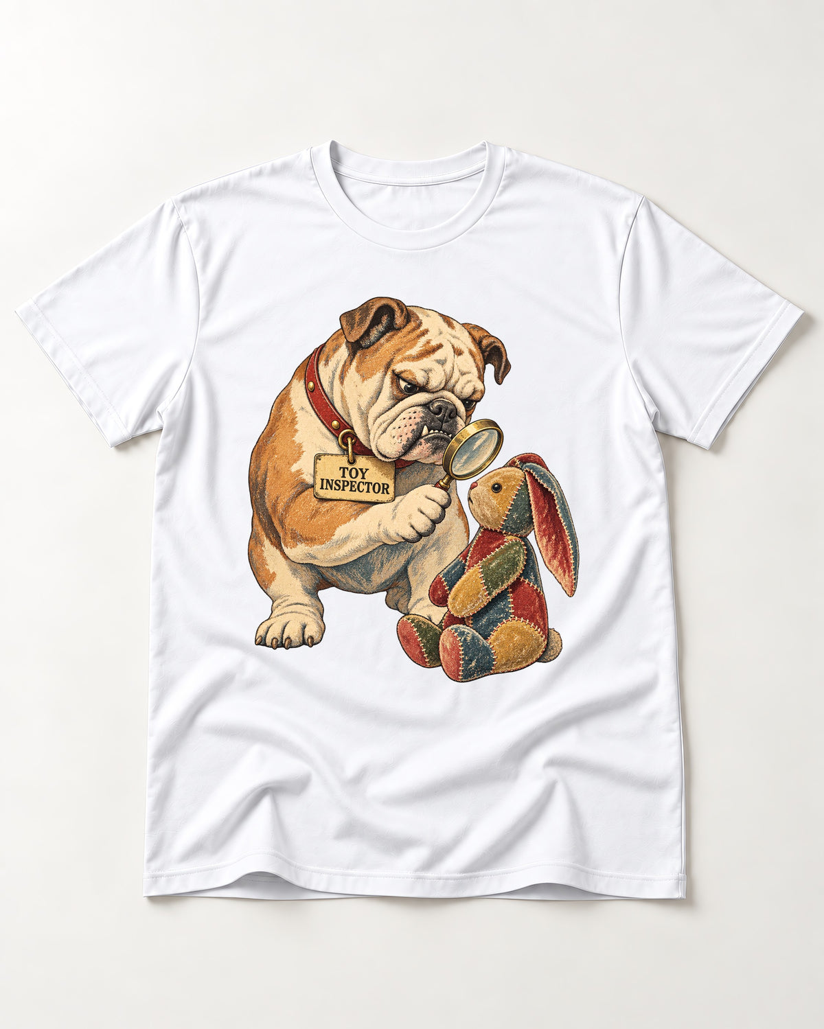 English Bulldog Toy Inspector T-Shirt in White, flat lay product photo
