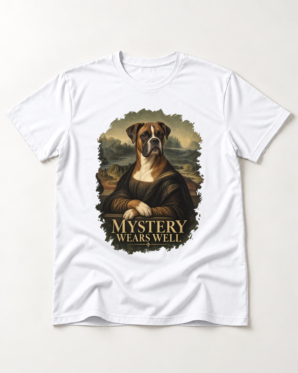 Mystery Wears Well Boxer Mona Lisa Portrait T-Shirt in White, flat lay product photo