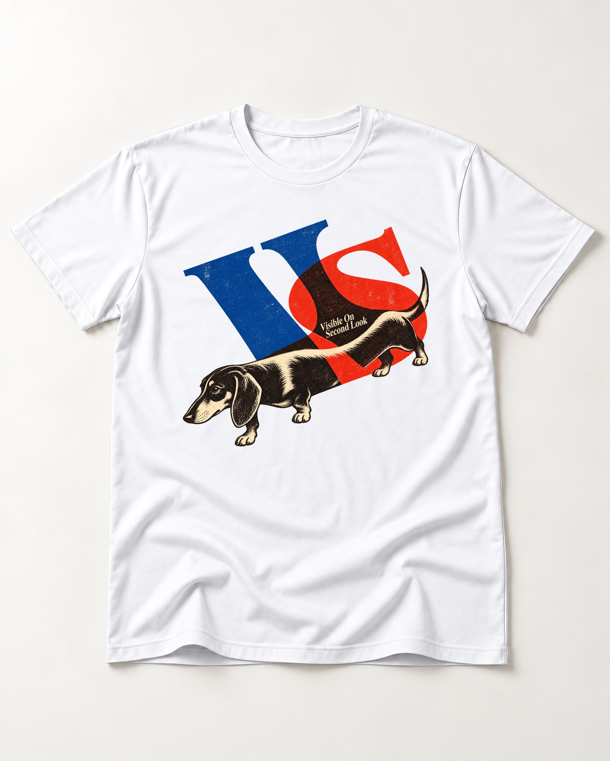 Dachshund VS Visible On Second Look Graphic T-Shirt in White, flat lay product photo
