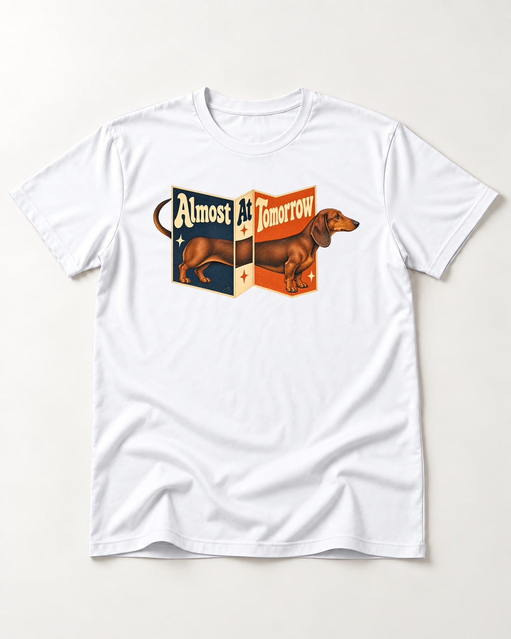 Dachshund Almost At Tomorrow Folding Screen Graphic T-Shirt in White, flat lay product photo