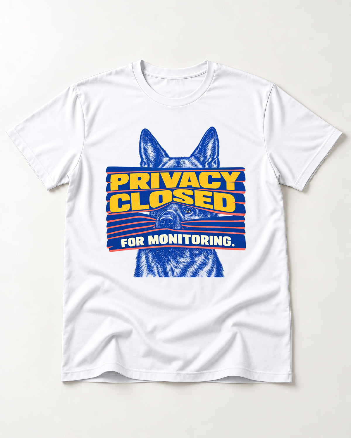 German Shepherd Dog Privacy Closed for Monitoring T-Shirt in White, flat lay product photo
