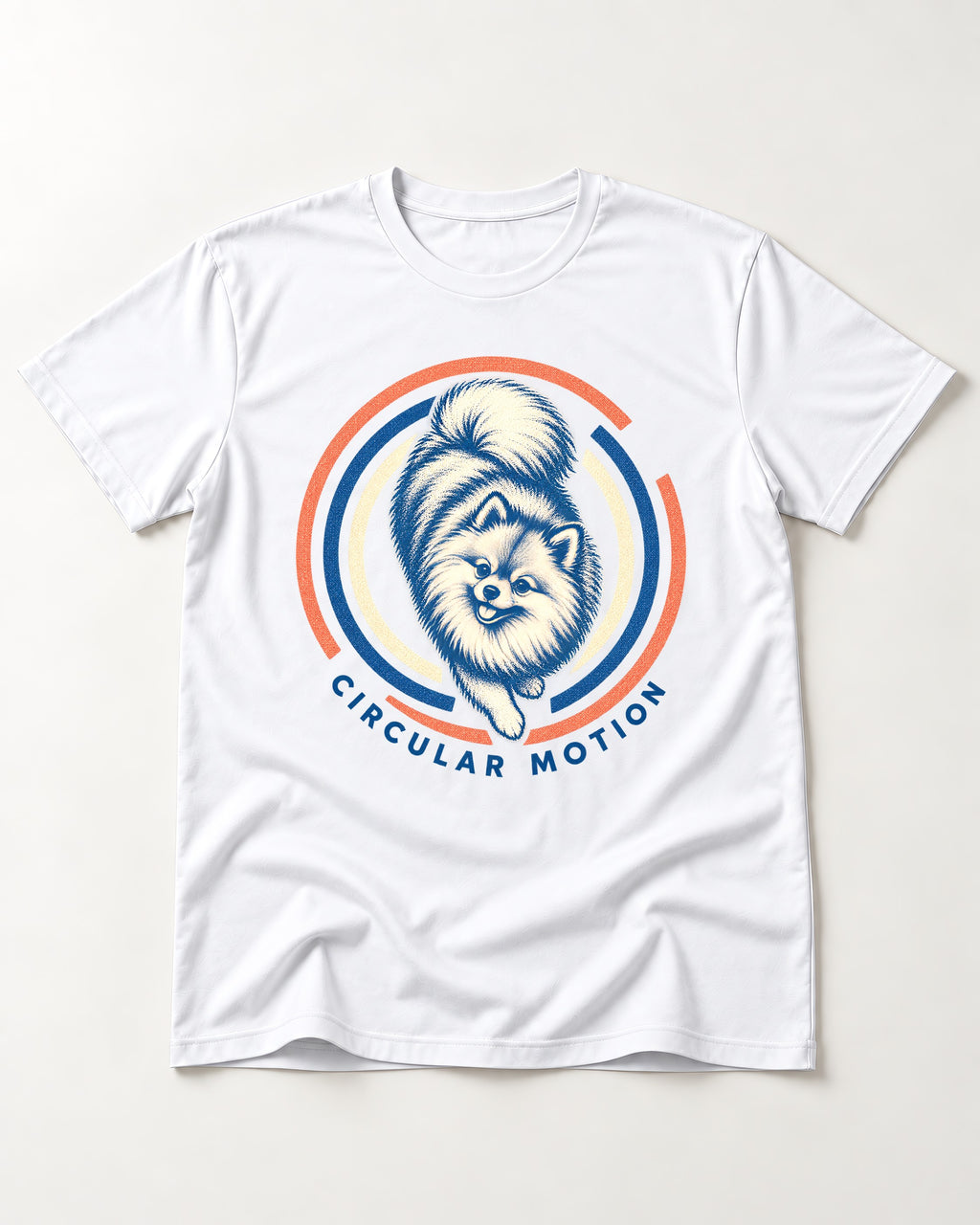 Pomeranian Circular Motion T-Shirt in White, flat lay product photo