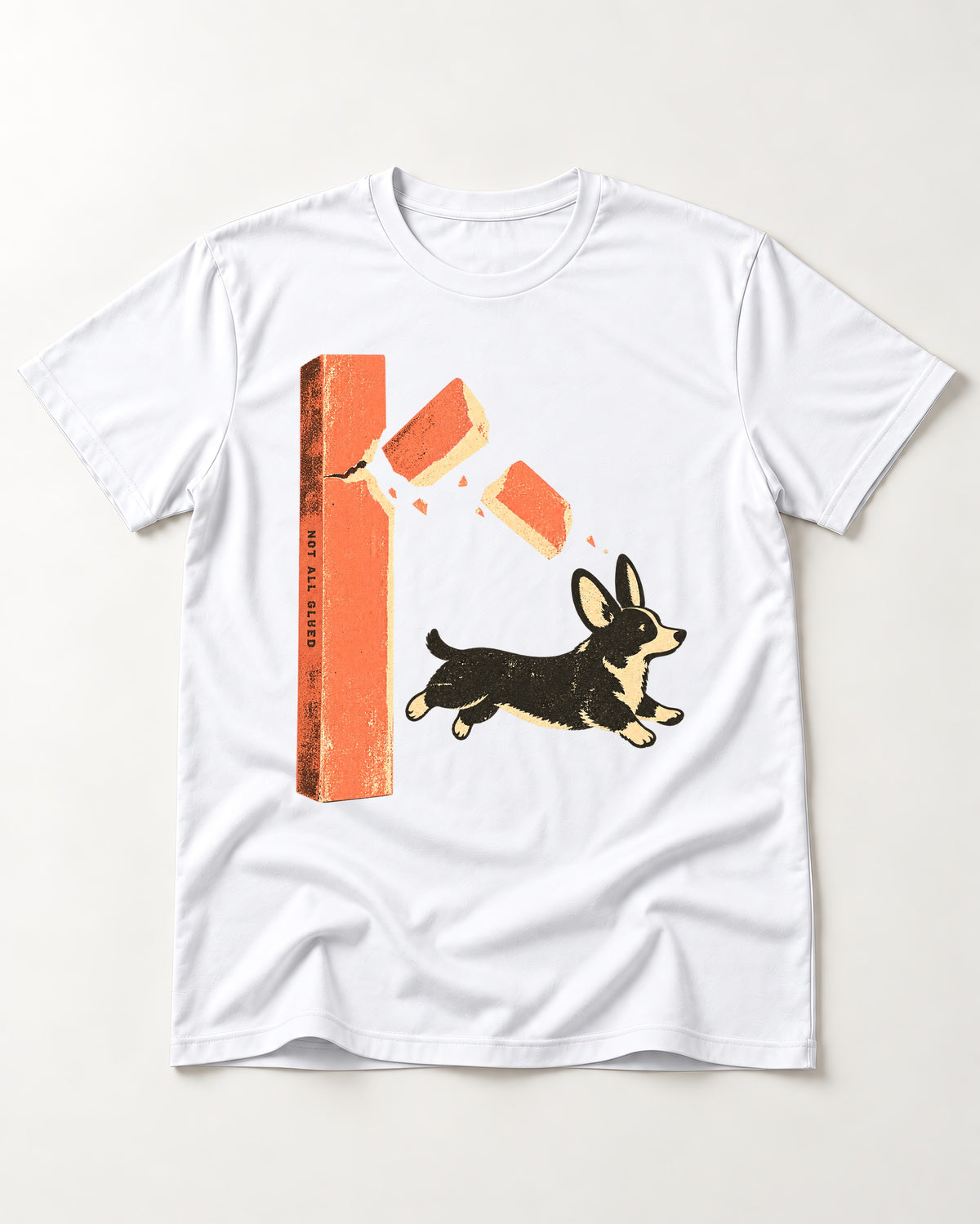 Not All Glued Corgi T-Shirt in White, flat lay product photo