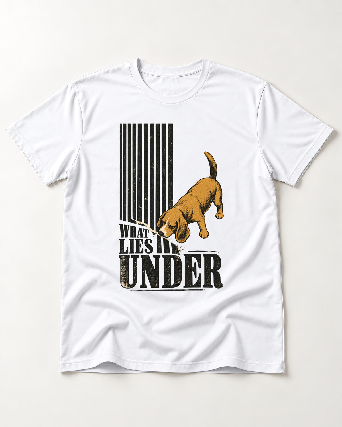 Beagle Knows What Lies Under T-Shirt in White, flat lay product photo