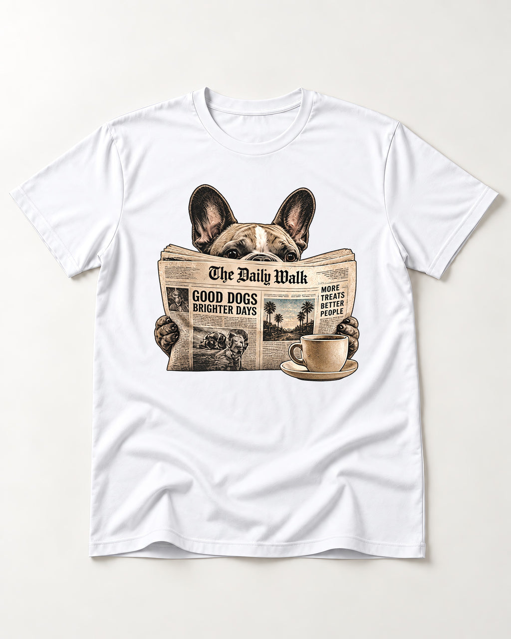 Frenchie Good Dogs Brighter Days Newspaper Graphic T-Shirt in White, flat lay product photo