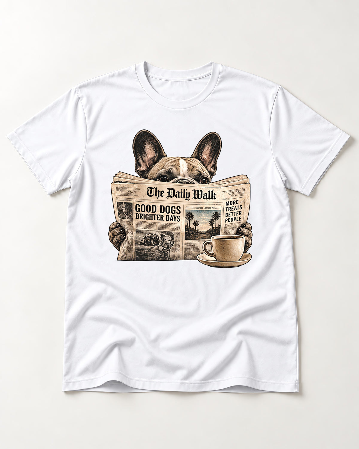 Frenchie Good Dogs Brighter Days Newspaper Graphic T-Shirt in White, flat lay product photo