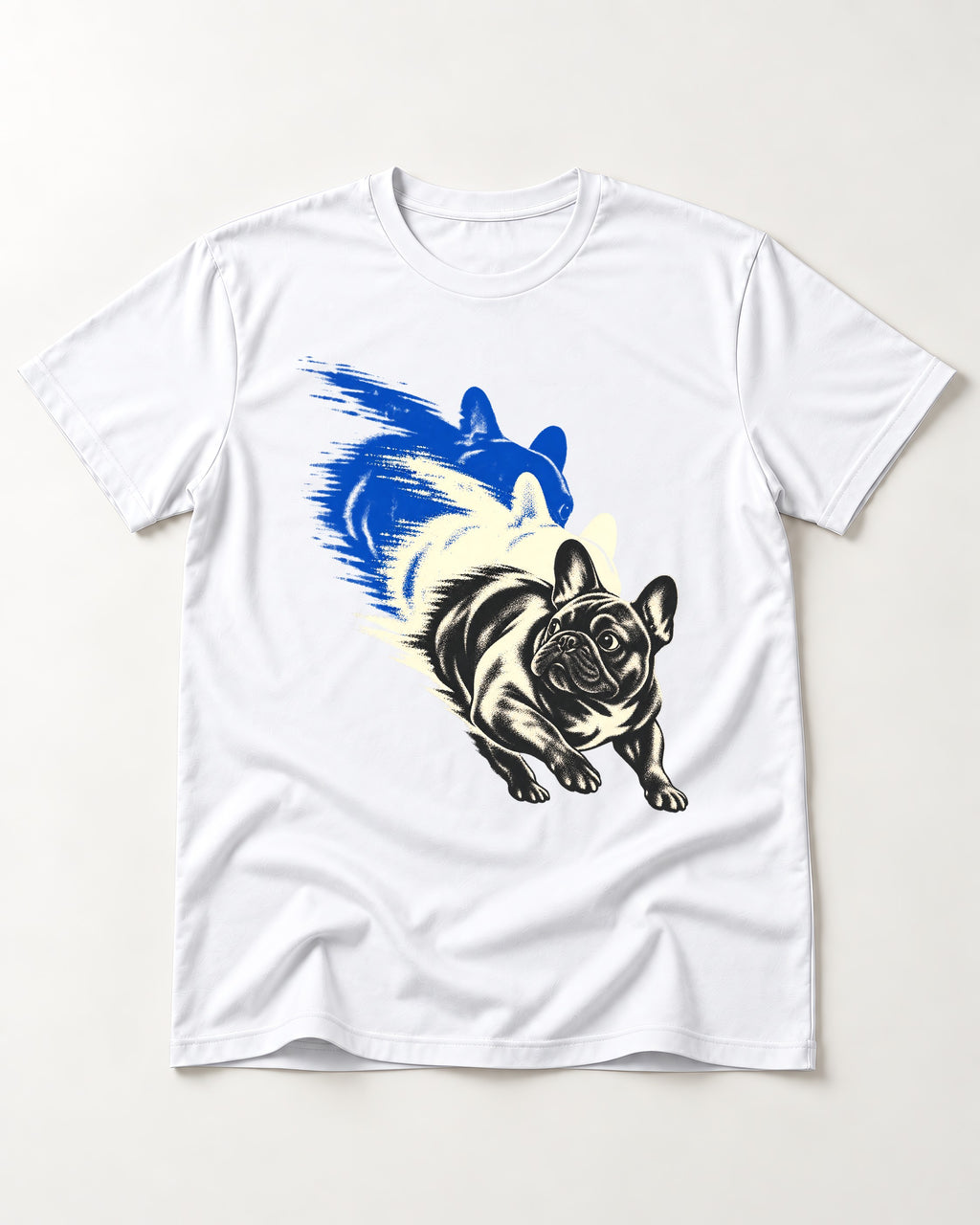 Frenchie Blue Brush Zoomie Graphic T-Shirt in White, flat lay product photo