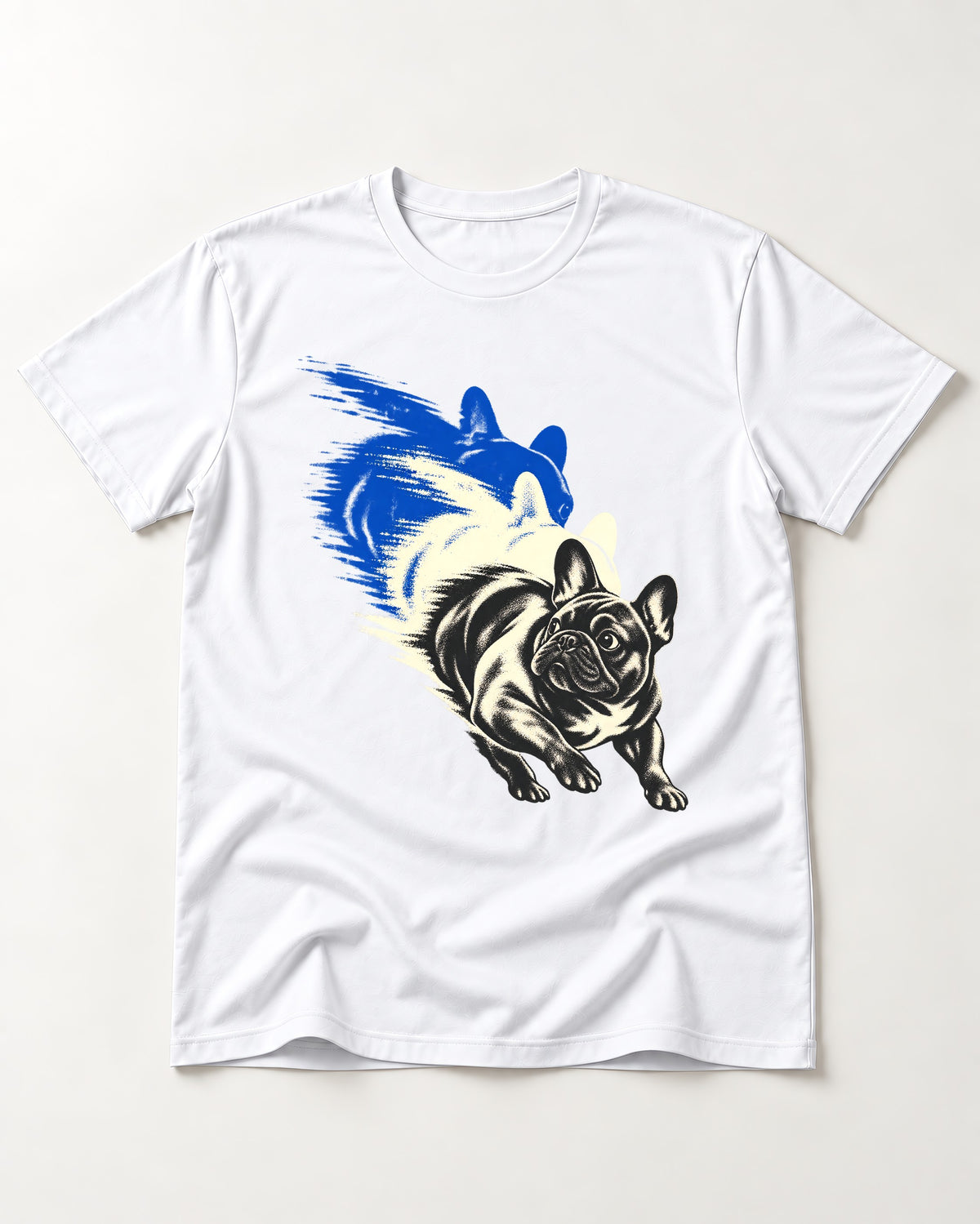 Frenchie Blue Brush Zoomie Graphic T-Shirt in White, flat lay product photo
