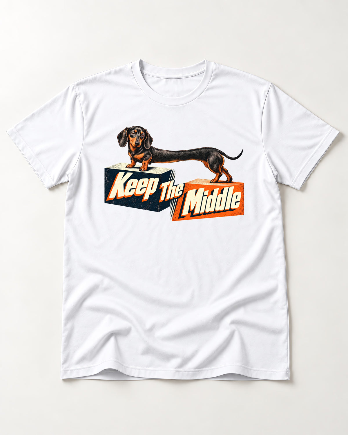 Dachshund Keep The Middle Block Bridge Graphic T-Shirt in White, flat lay product photo