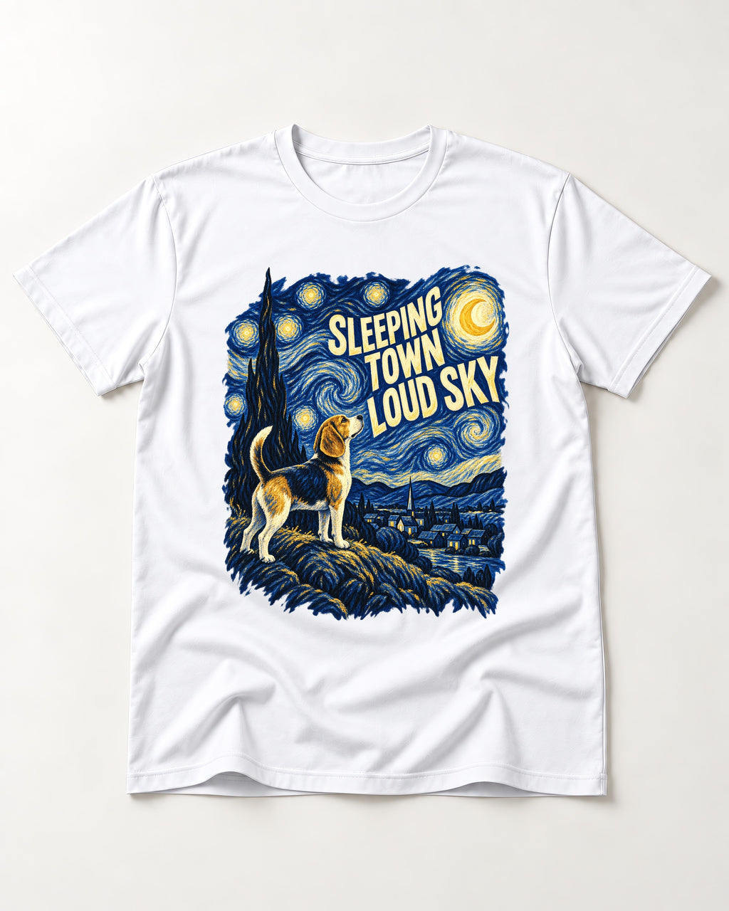 Sleeping Town Loud Sky Beagle Nightscape T-Shirt in White, flat lay product photo