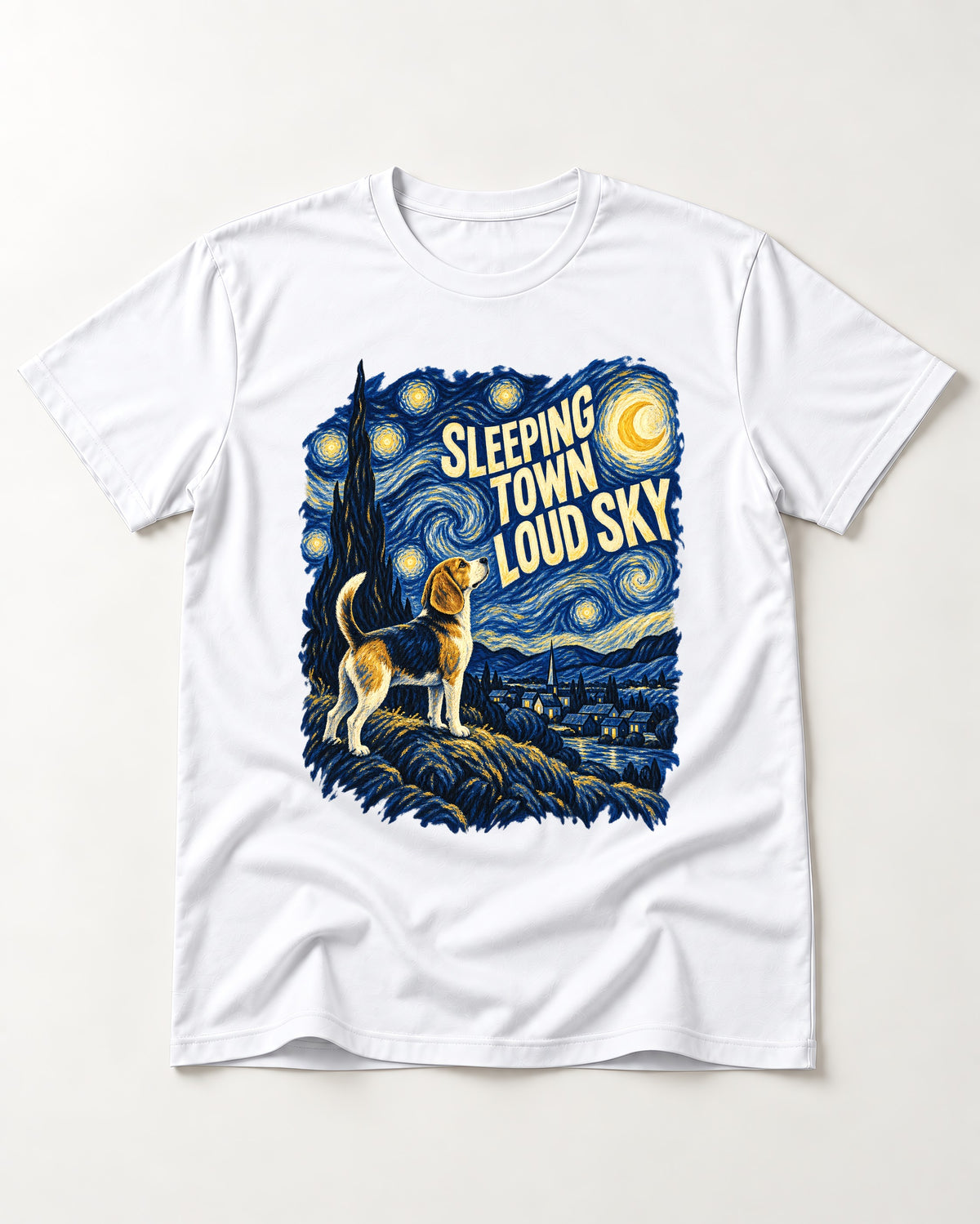 Sleeping Town Loud Sky Beagle Nightscape T-Shirt in White, flat lay product photo