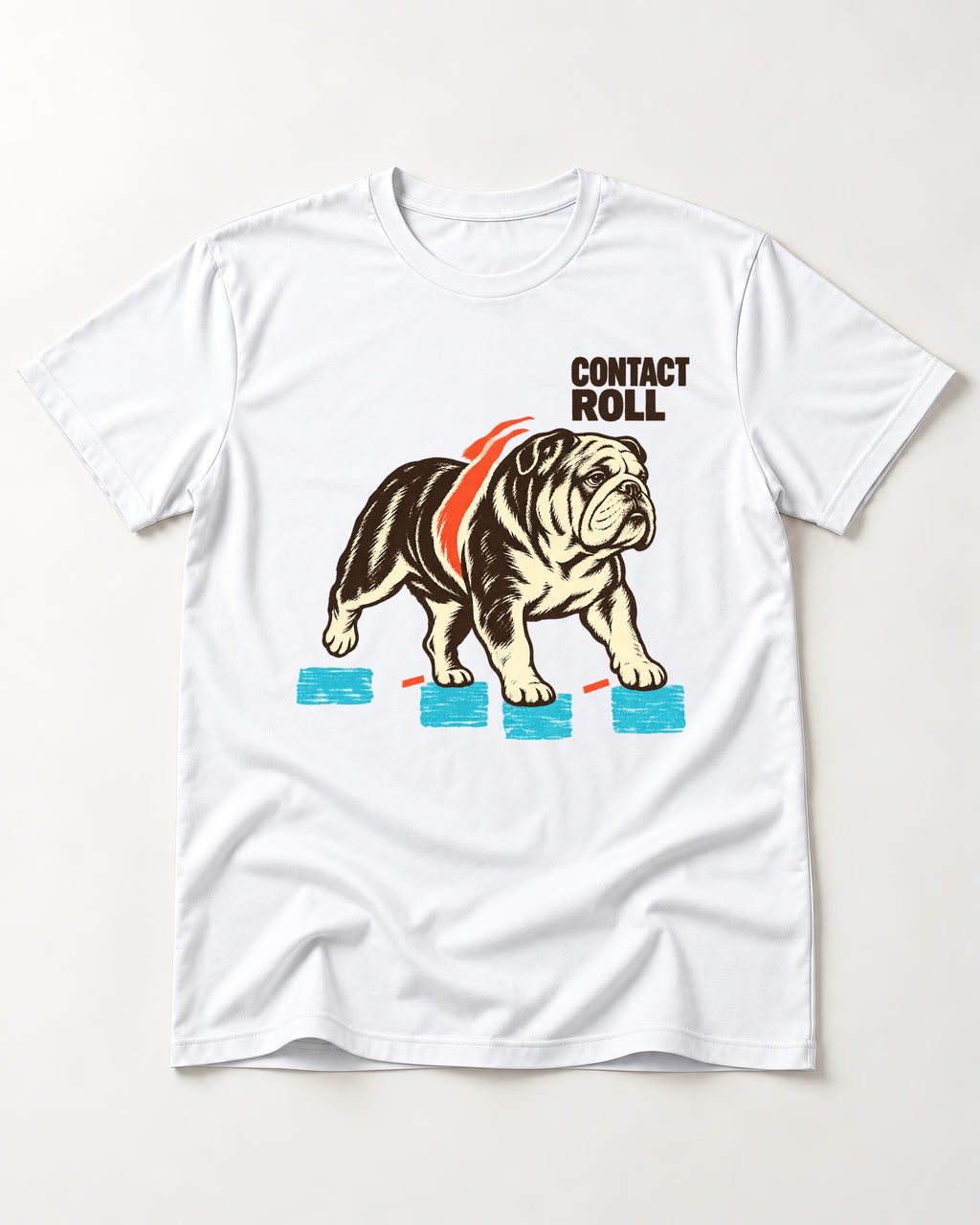 Contact Roll English Bulldog T-Shirt in White, flat lay product photo