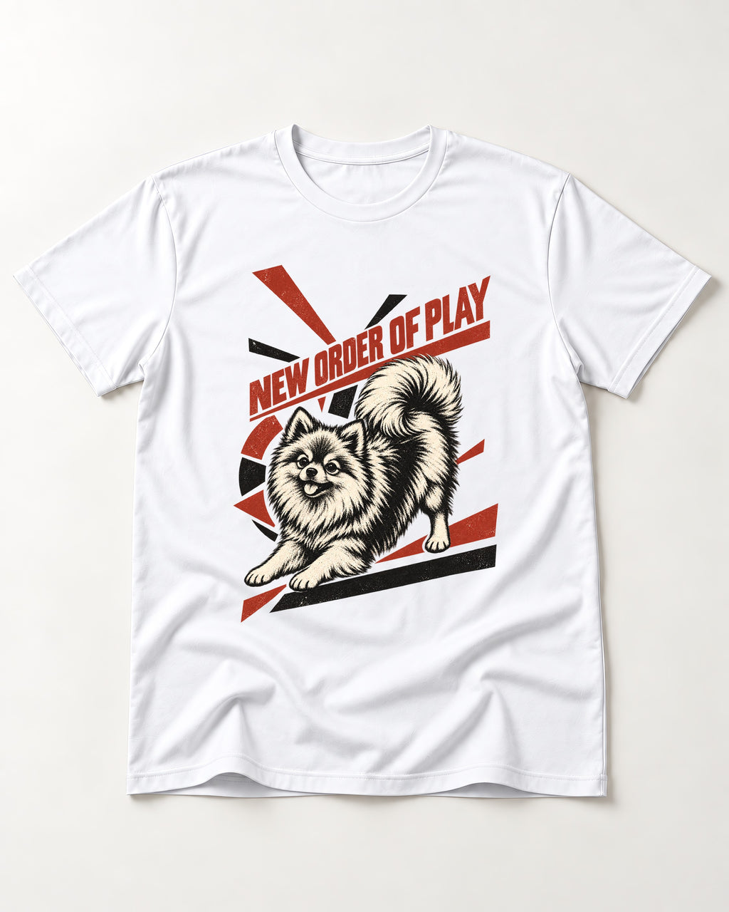 Pomeranian Order of Play T-Shirt in White, flat lay product photo