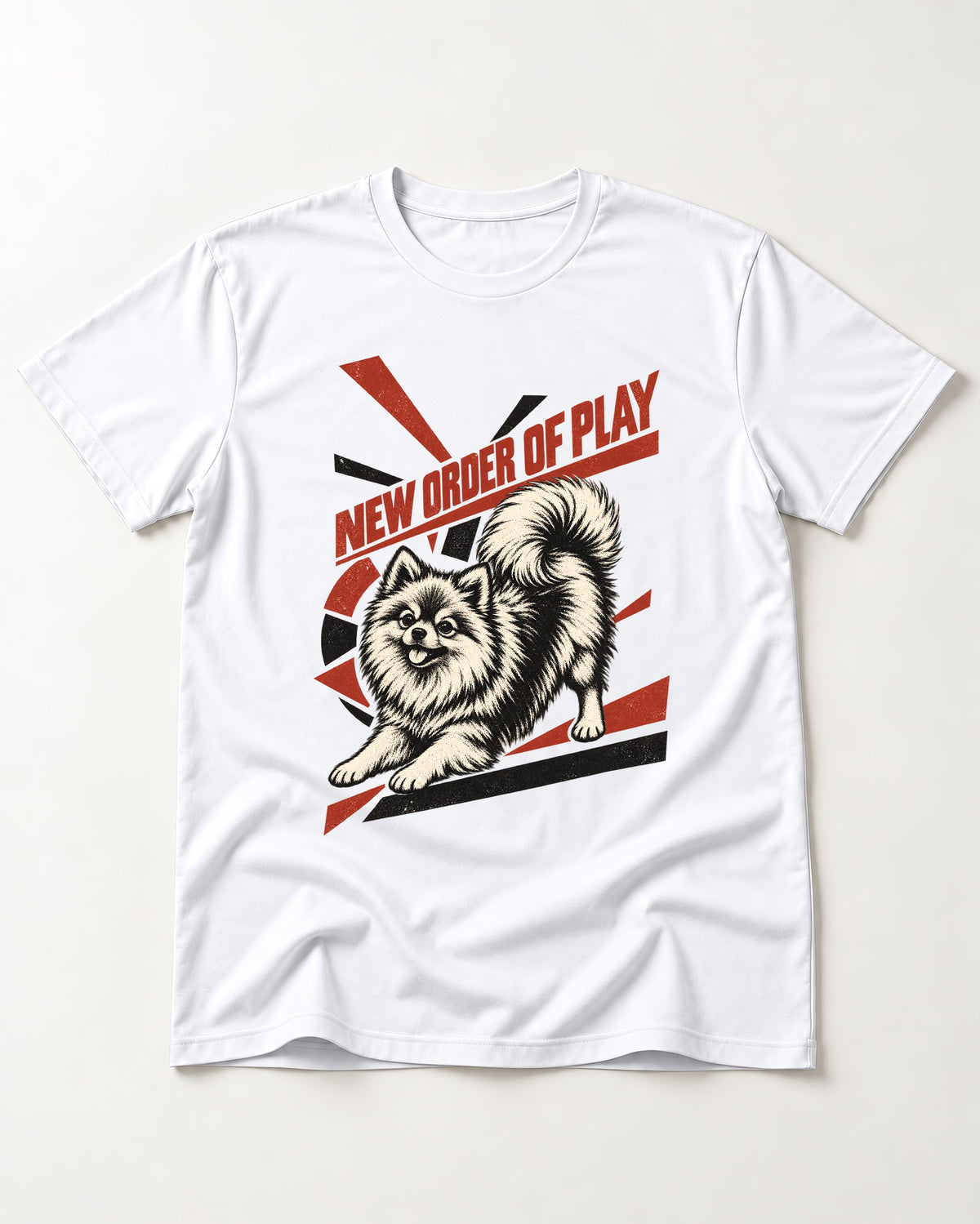 Pomeranian Order of Play T-Shirt in White, flat lay product photo