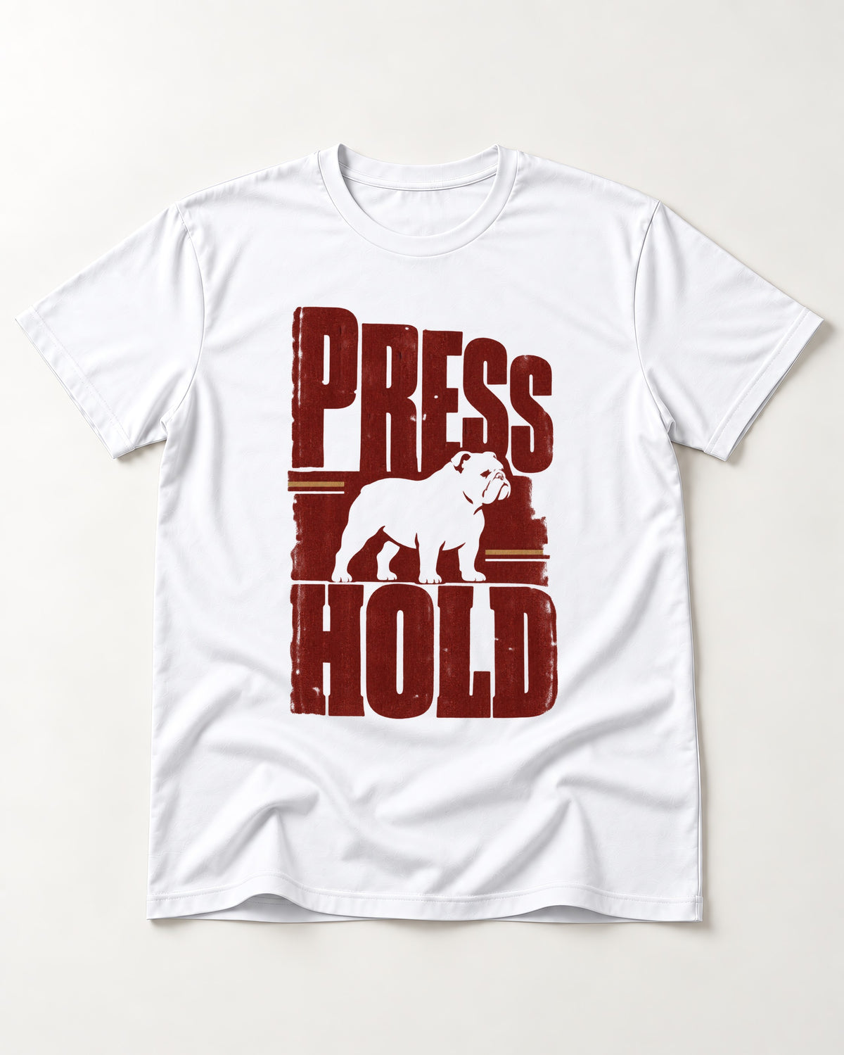 English Bulldog Press and Hold T-Shirt in White, flat lay product photo