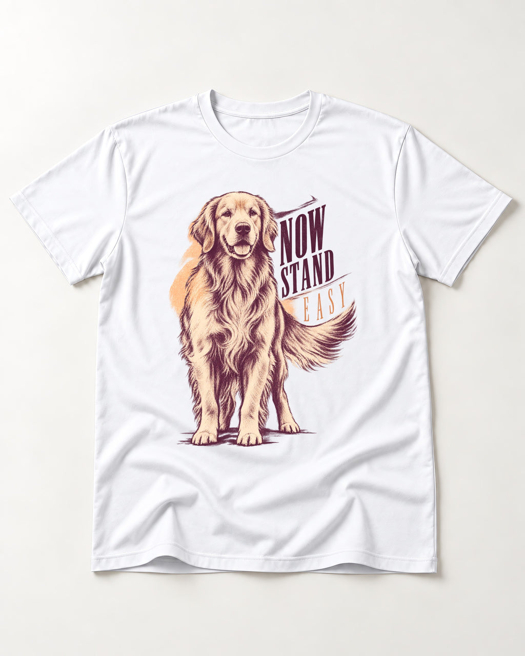 Now Stand Easy Golden Retriever T-Shirt in White, flat lay product photo