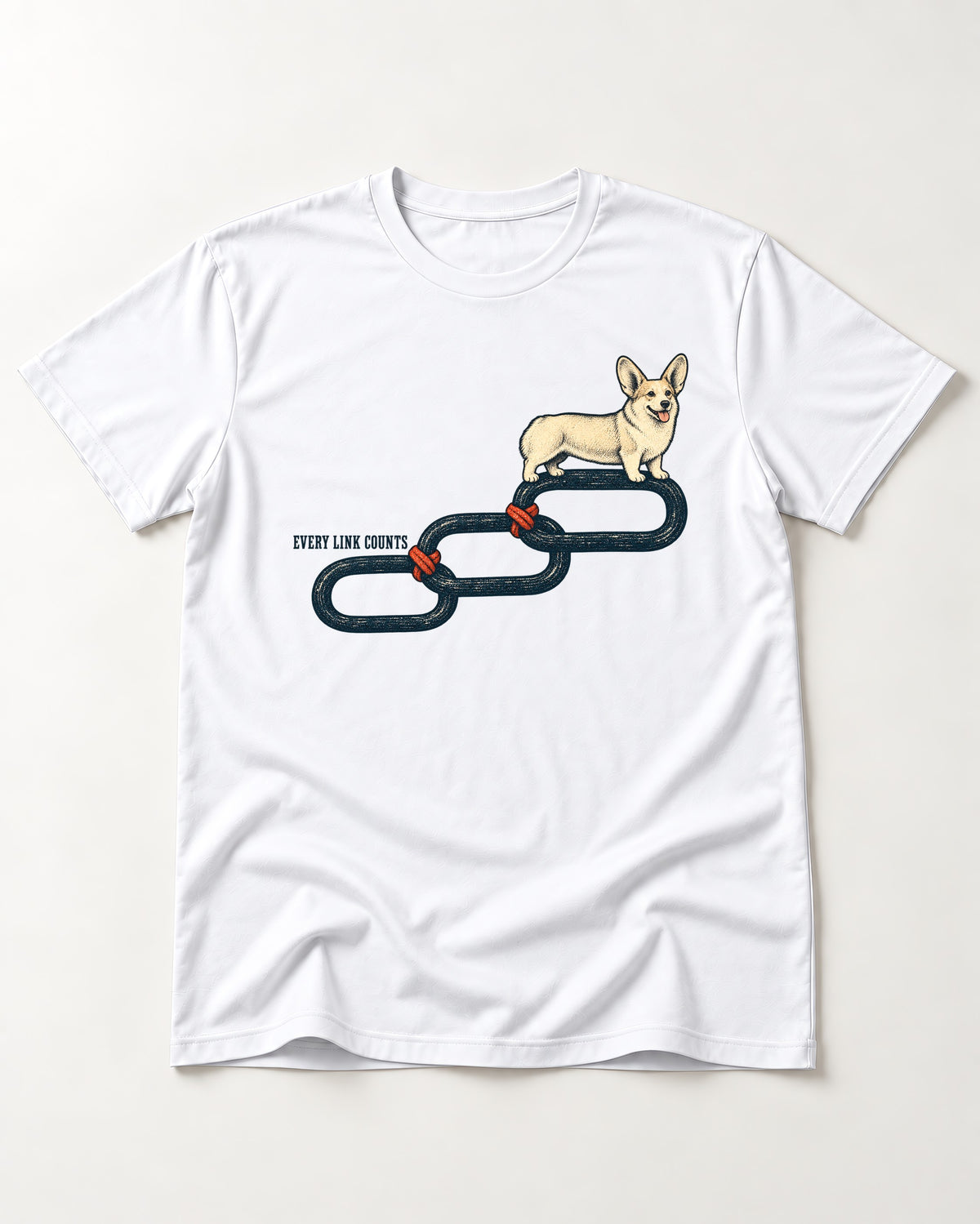 Every Corgi Link Counts T-Shirt in White, flat lay product photo