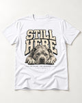 Still Here Pitbull T-Shirt in White, flat lay product photo