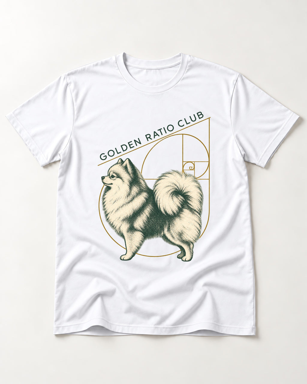 Pomeranian Golden Ratio Club T-Shirt in White, flat lay product photo