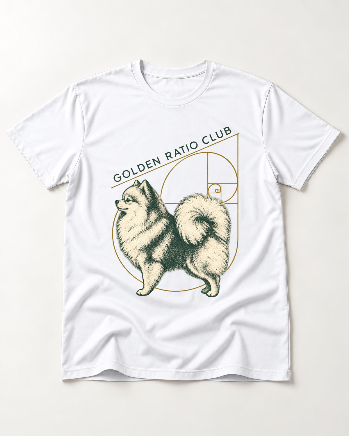 Pomeranian Golden Ratio Club T-Shirt in White, flat lay product photo