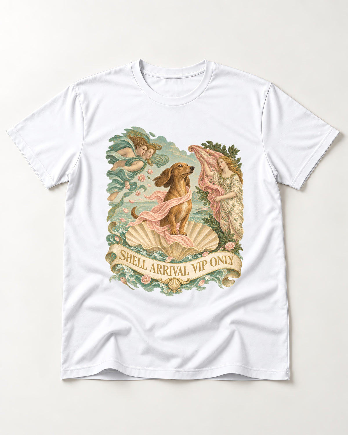 Dachshund Shell Arrival VIP Only Venus Parody Graphic T-Shirt in White, flat lay product photo