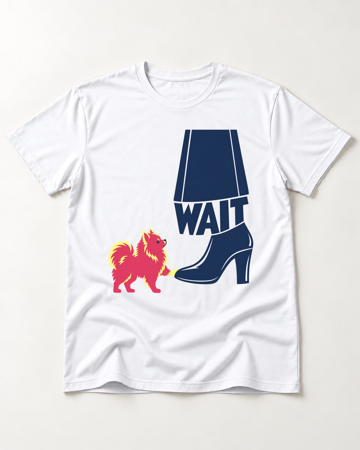 Pomeranian Says Wait T-Shirt in White, flat lay product photo