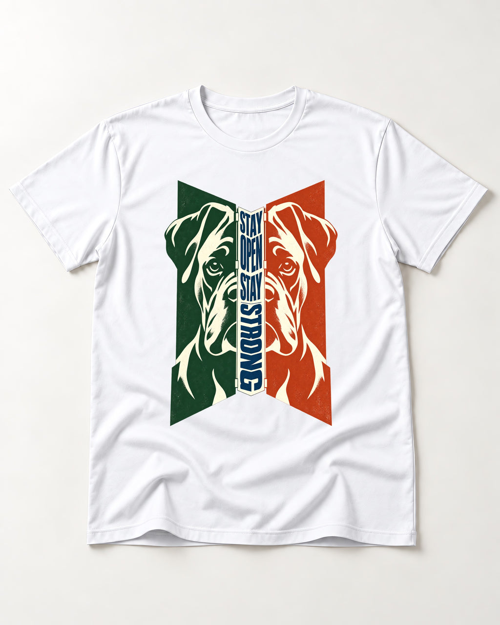 Boxer Stay Open Stay Strong T-Shirt in White, flat lay product photo
