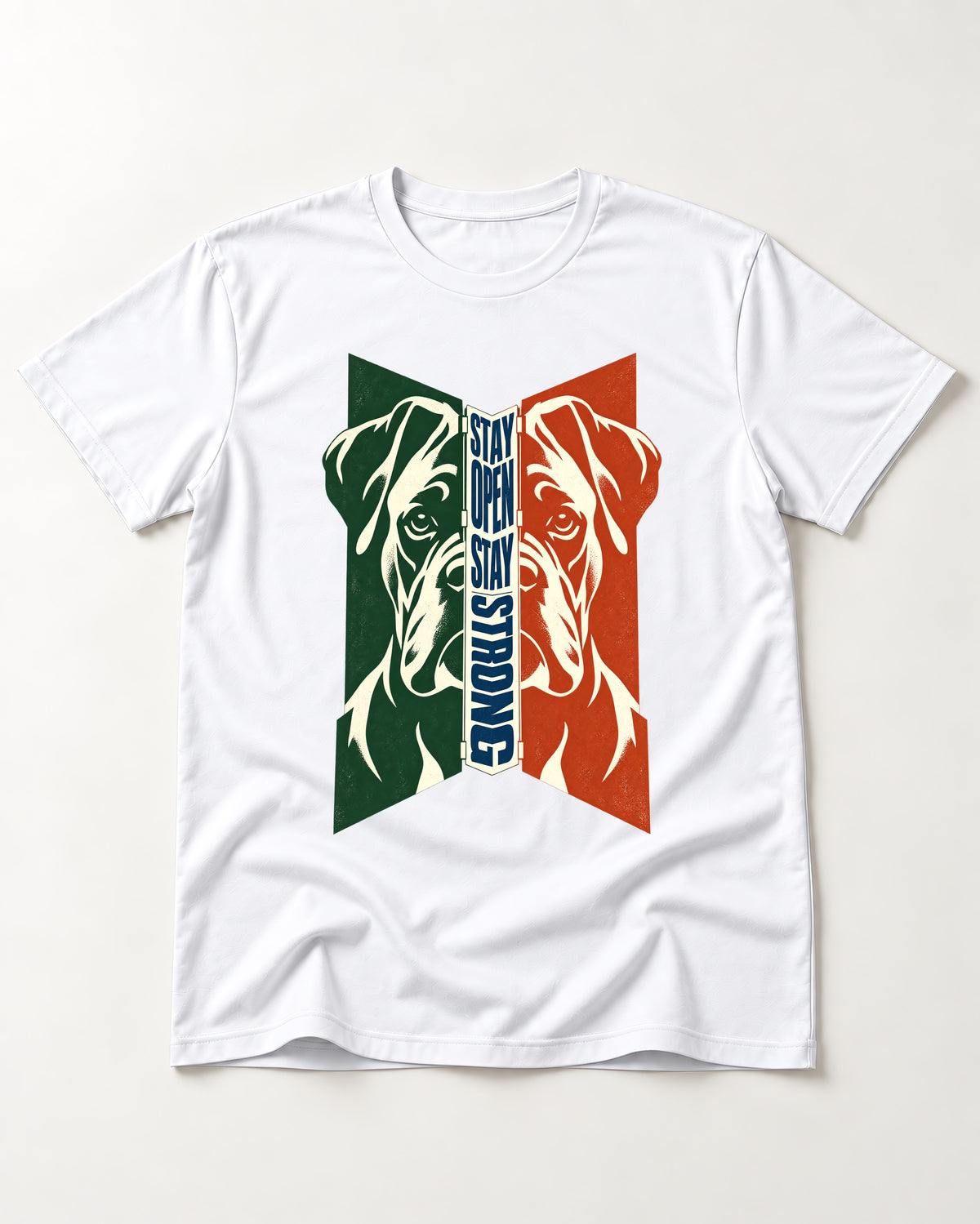 Boxer Stay Open Stay Strong T-Shirt in White, flat lay product photo