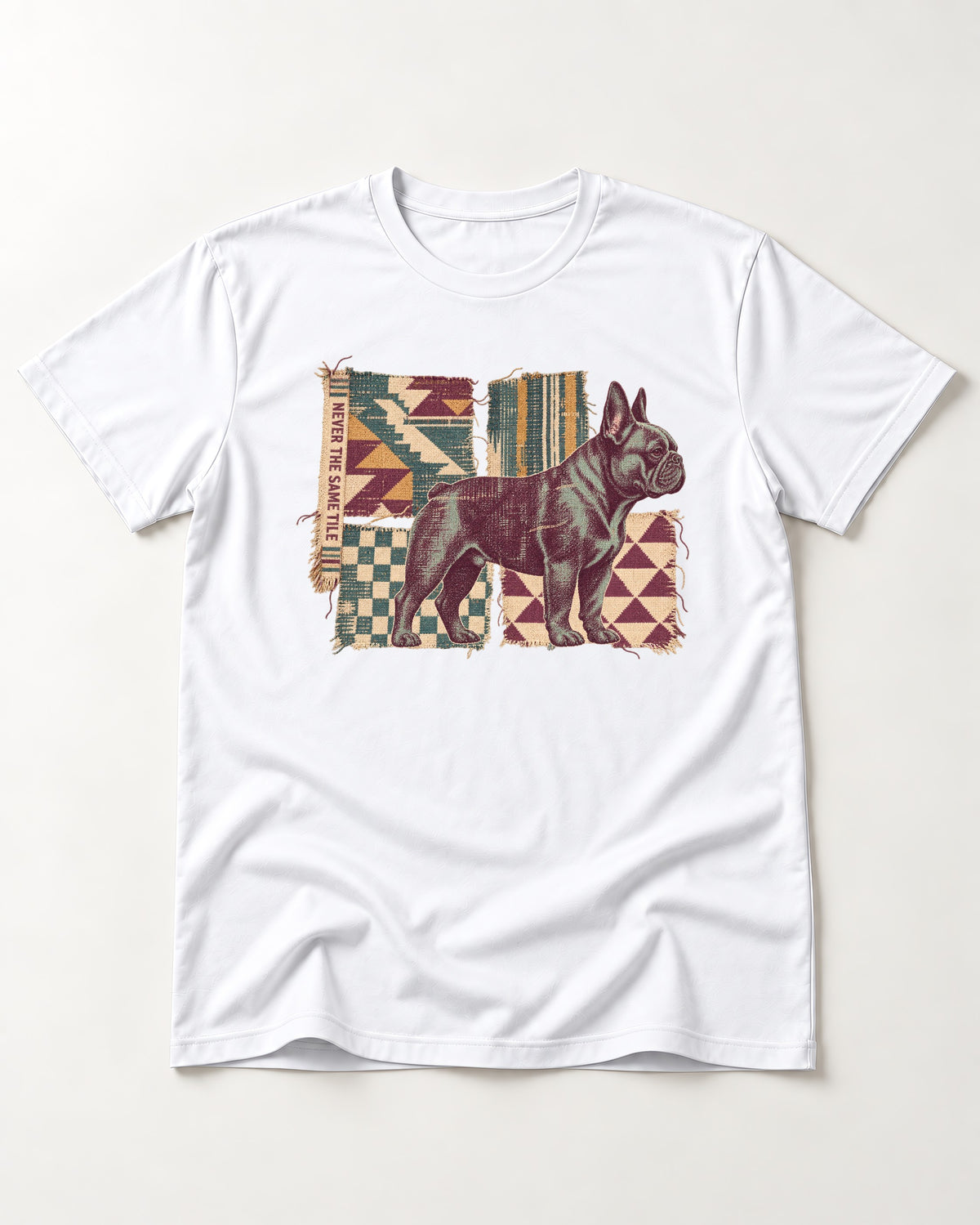 Frenchie Never the Same Tile Textile Graphic T-Shirt in White, flat lay product photo