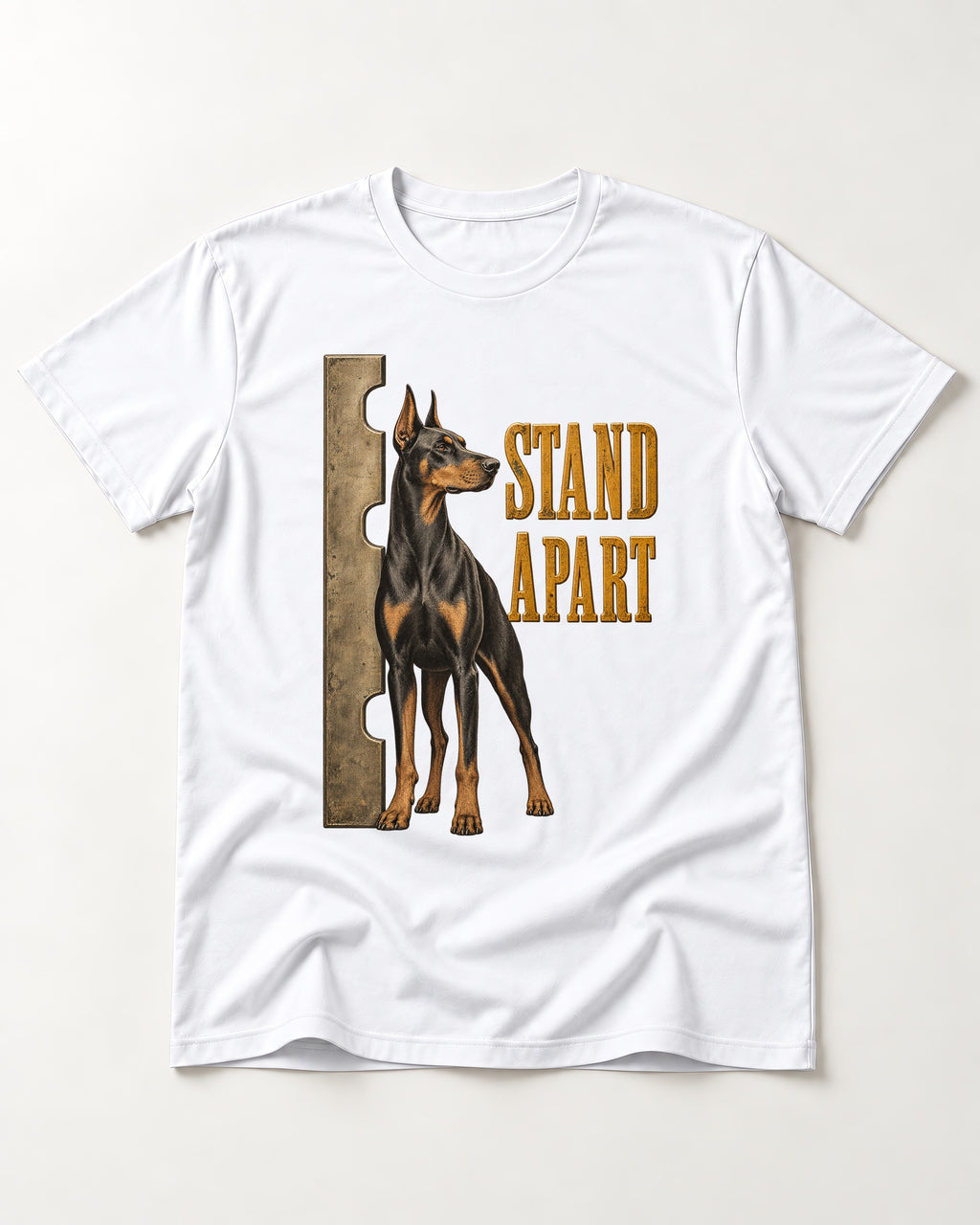 Doberman Stand Apart T-Shirt in White, flat lay product photo
