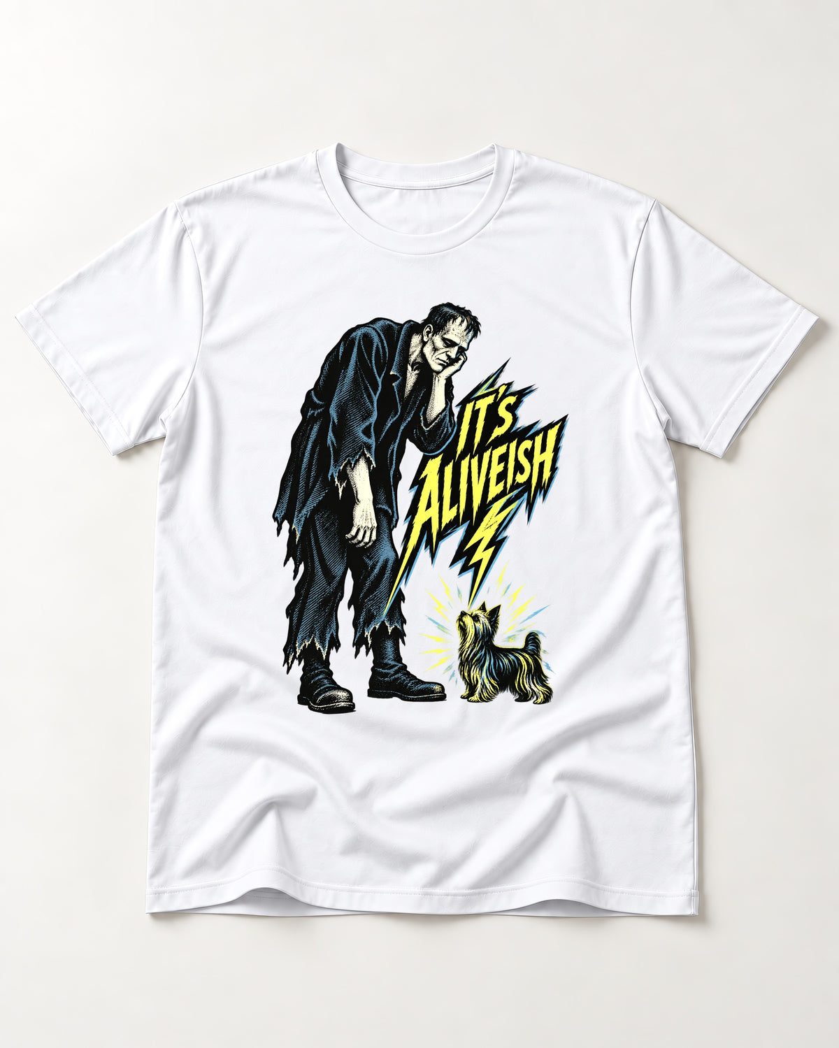 It's Aliveish Yorkshire Terrier T-Shirt in White, flat lay product photo