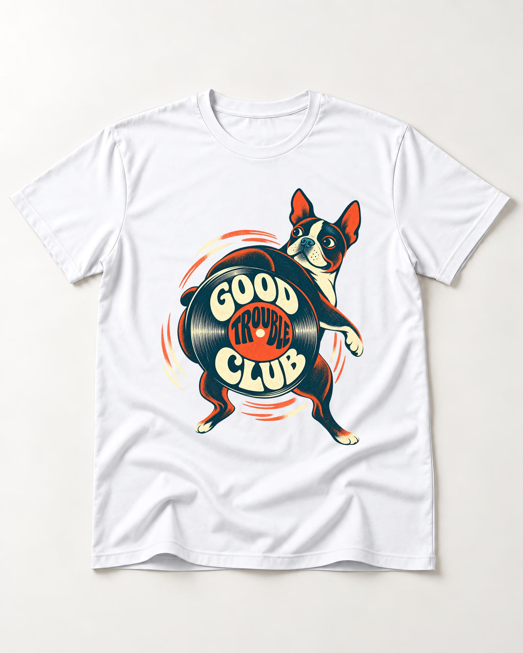 Good Trouble Club Boston Terrier T-Shirt in White, flat lay product photo