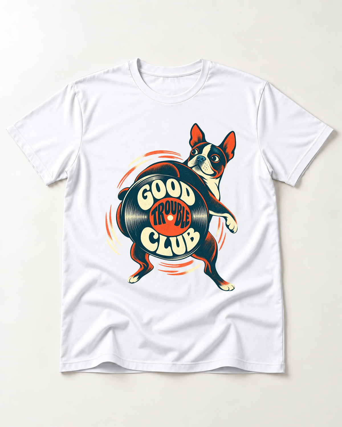 Good Trouble Club Boston Terrier T-Shirt in White, flat lay product photo