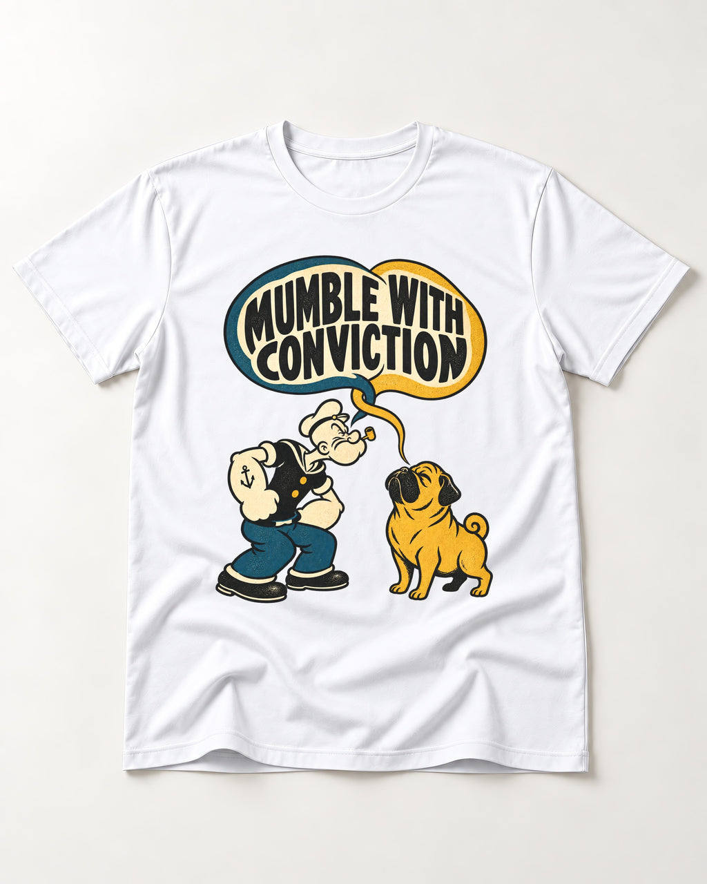 Pug Mumble with Conviction T-Shirt in White, flat lay product photo
