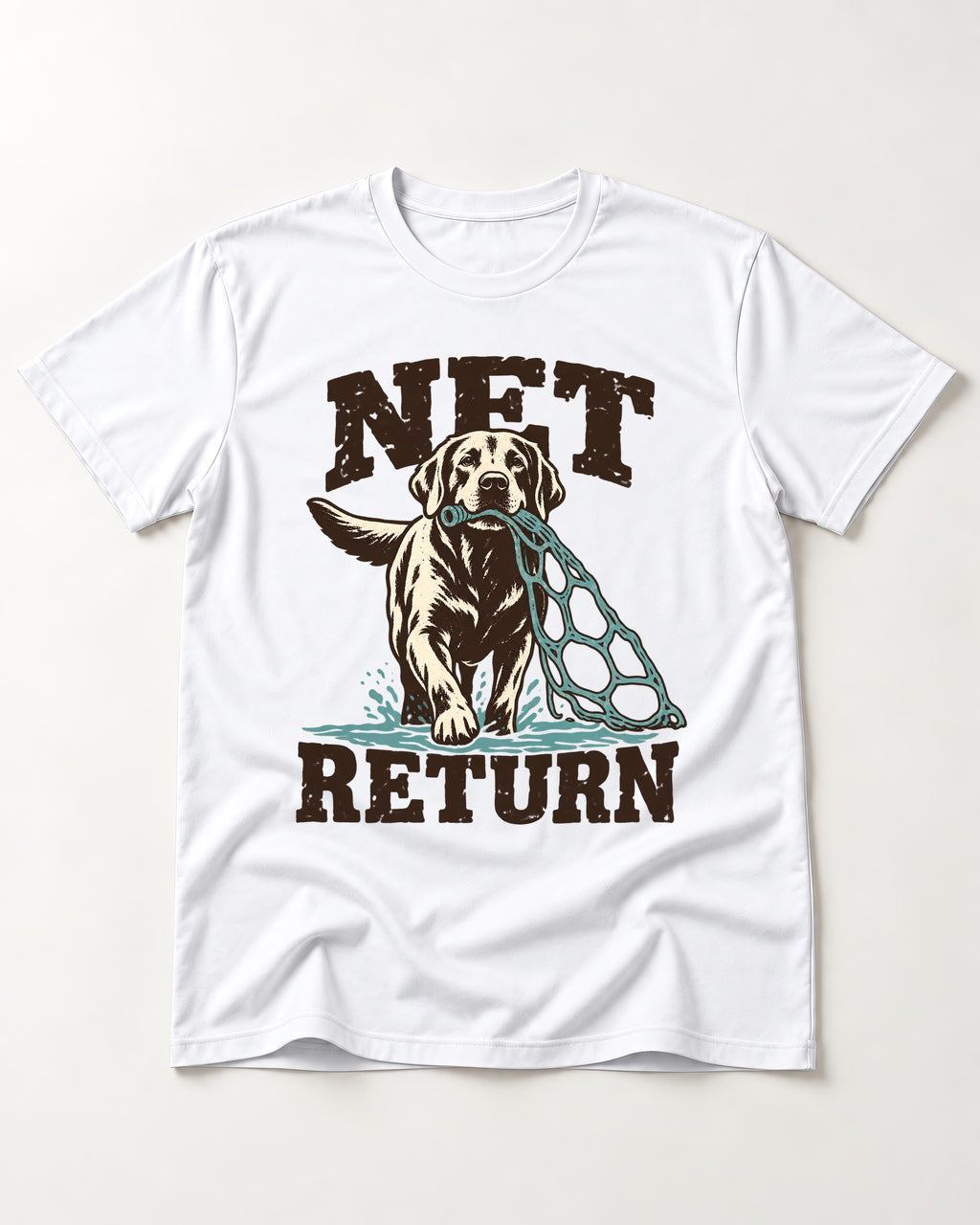 Net Return Labrador Retriever T-Shirt in White, flat lay product photo