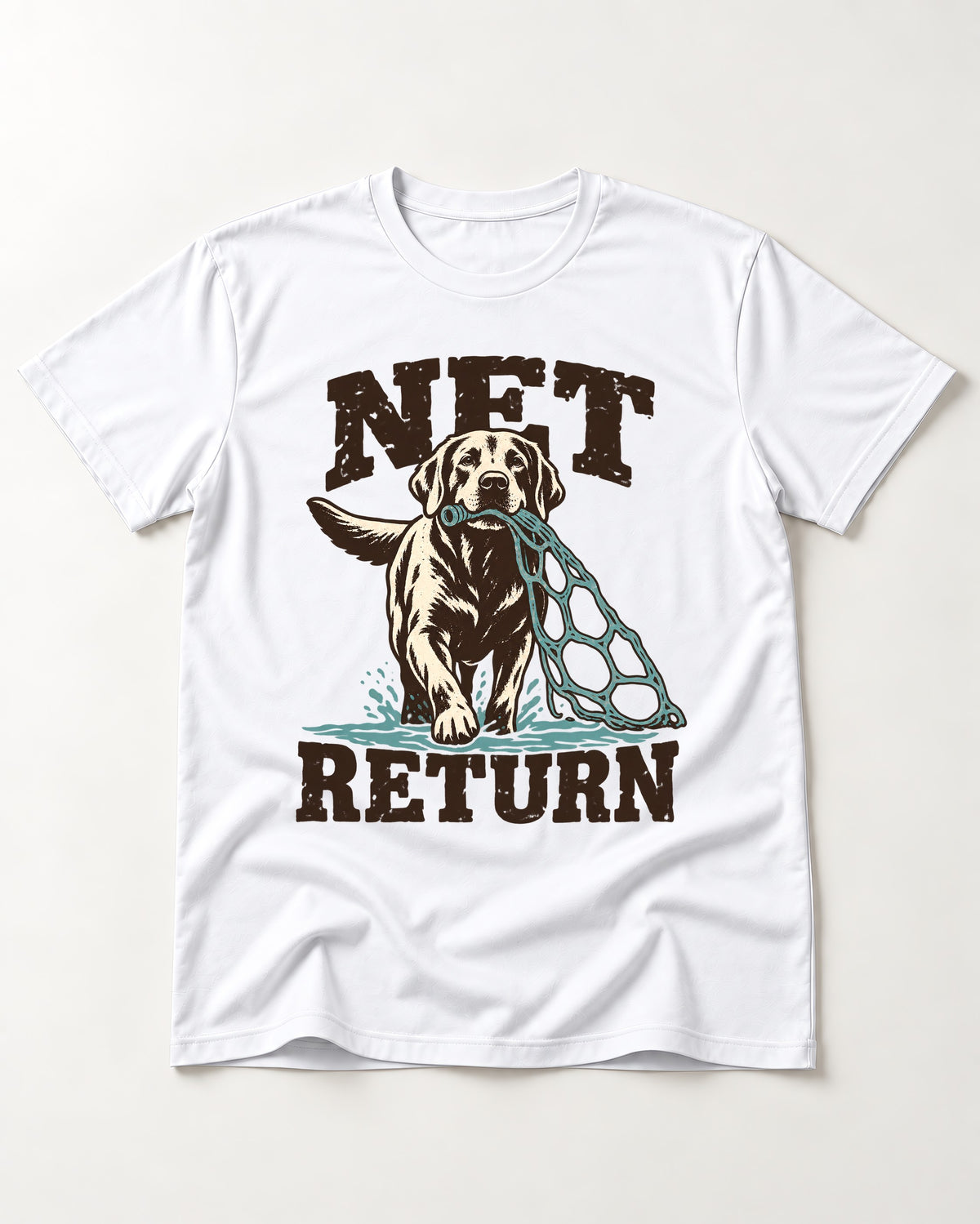 Net Return Labrador Retriever T-Shirt in White, flat lay product photo