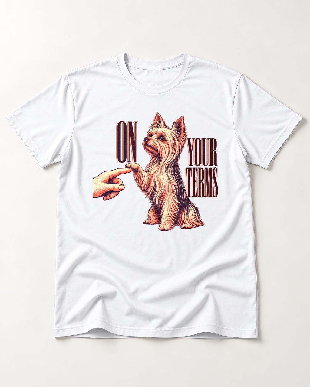 Yorkshire Terrier On Your Terms T-Shirt in White, flat lay product photo