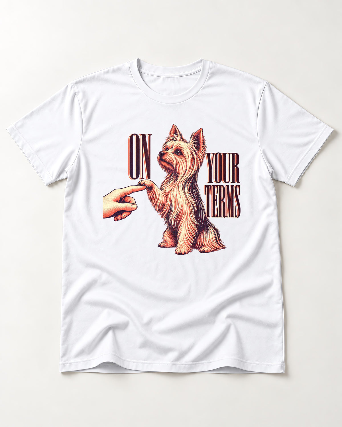 Yorkshire Terrier On Your Terms T-Shirt in White, flat lay product photo