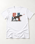 Keep the Line German Shorthaired Pointer T-Shirt in White, flat lay product photo