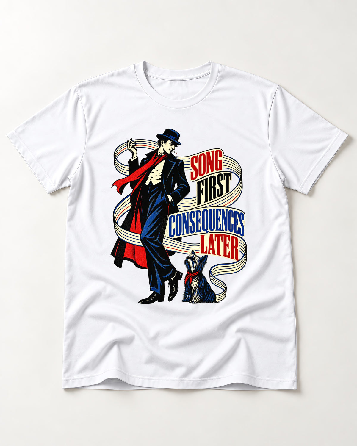 Yorkshire Terrier Song First Consequences Later T-Shirt in White, flat lay product photo