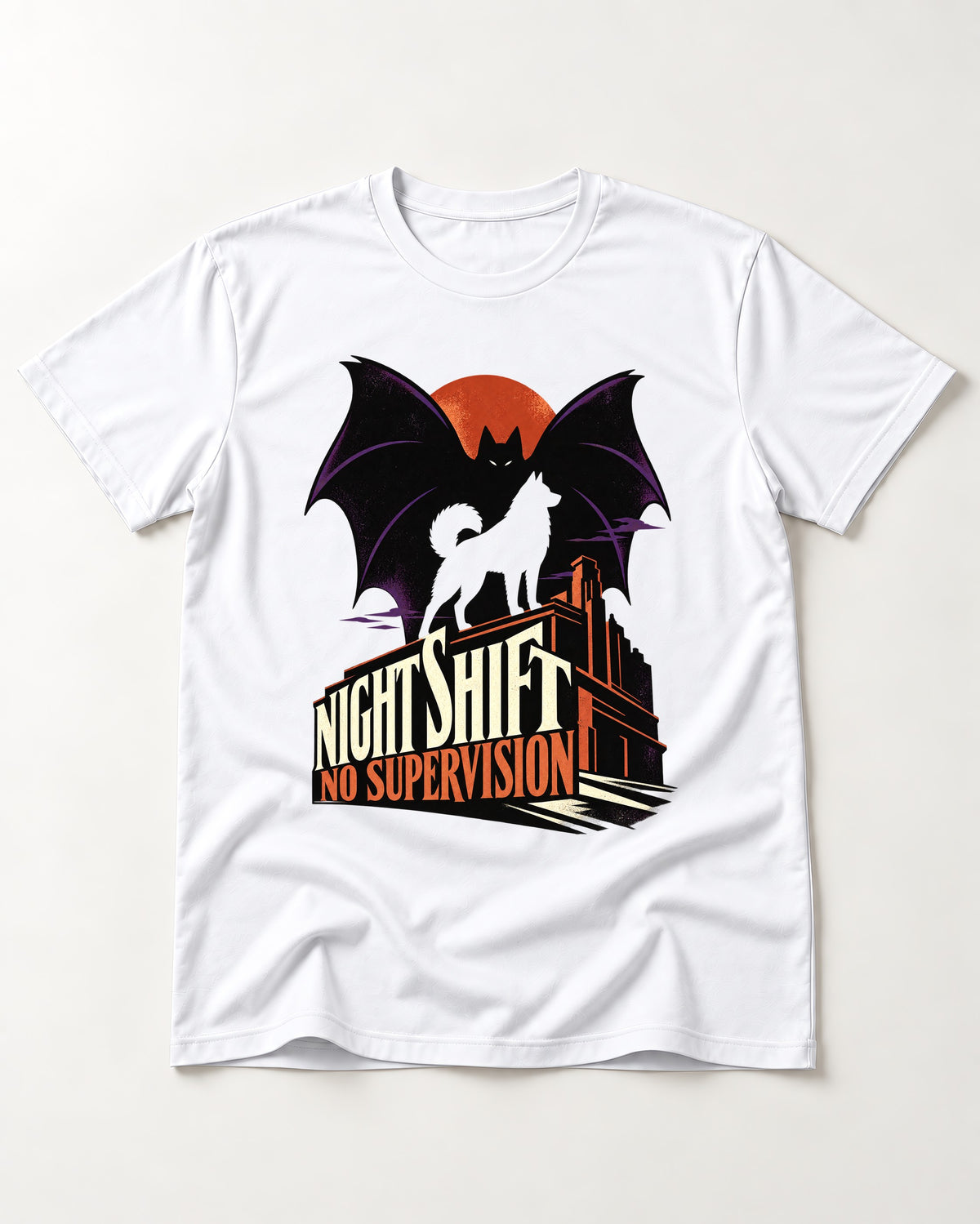 Husky Night Shift No Supervision T-Shirt in White, flat lay product photo
