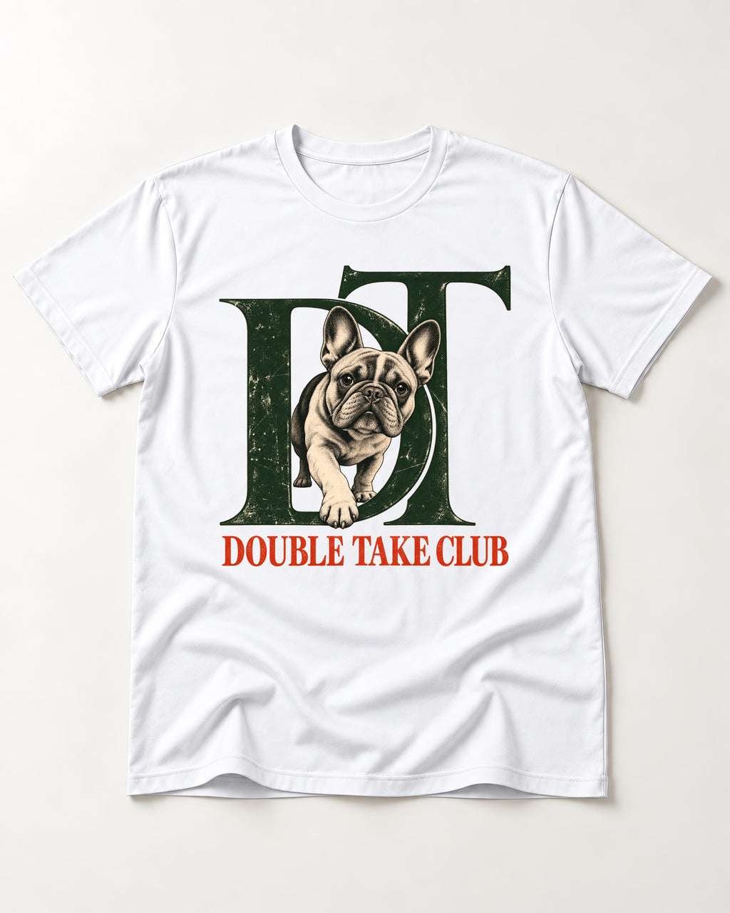 Frenchie Double Take Club T-Shirt in White, flat lay product photo