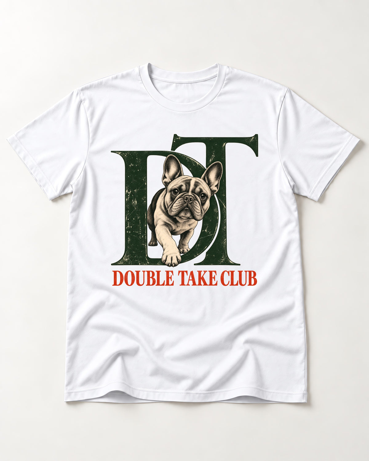 Frenchie Double Take Club T-Shirt in White, flat lay product photo