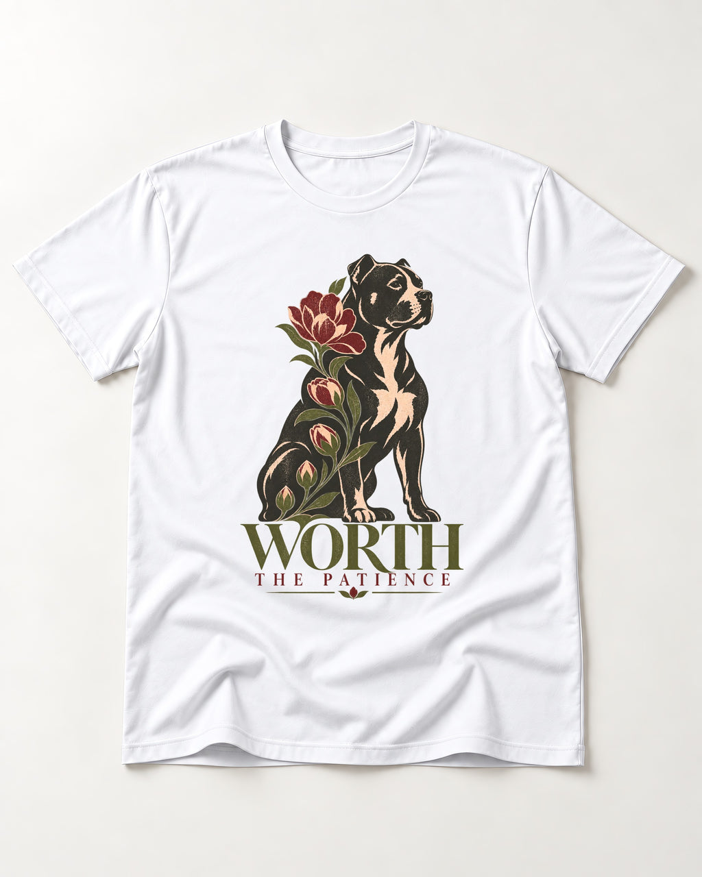 Pitbull Worth the Patience T-Shirt in White, flat lay product photo