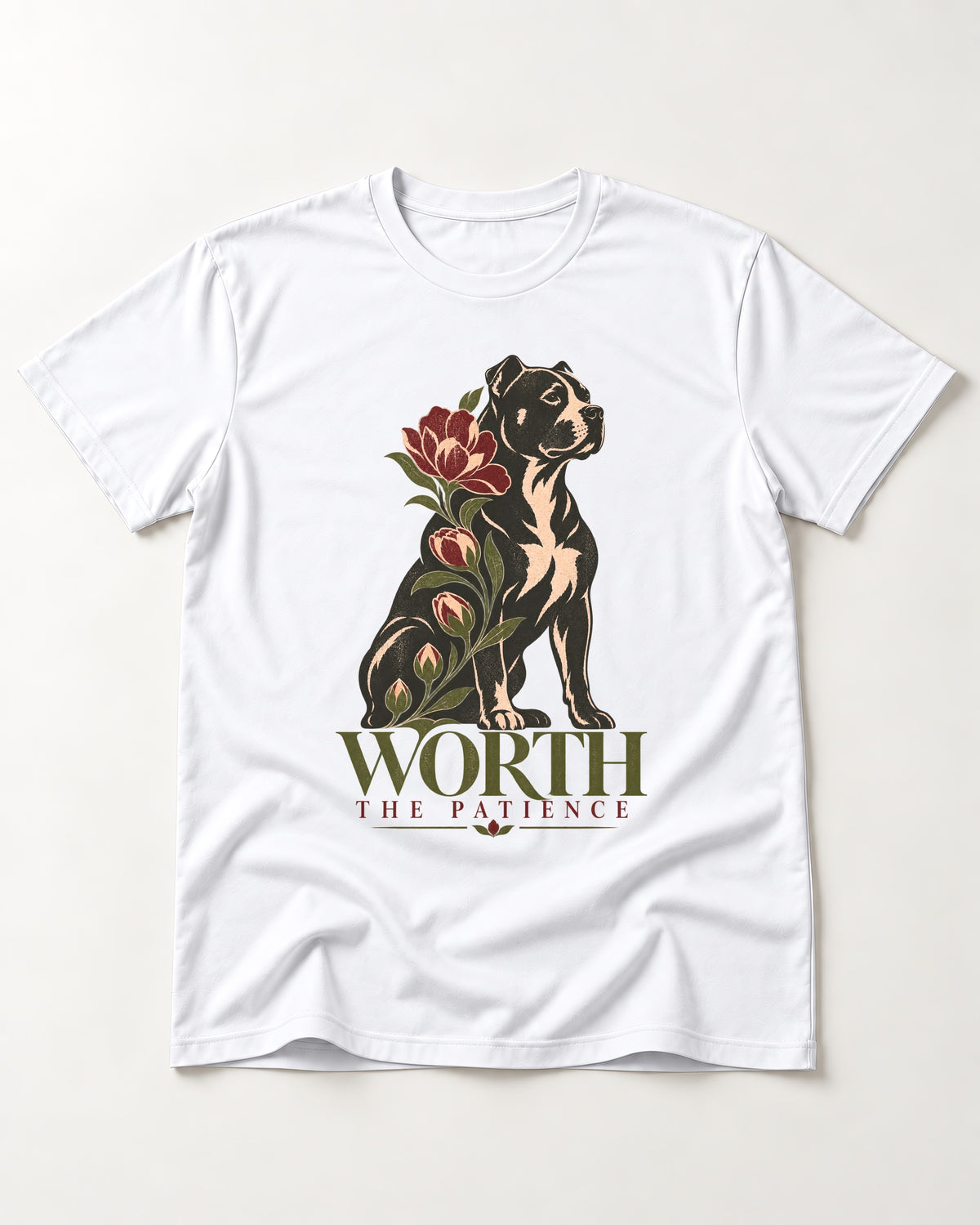 Pitbull Worth the Patience T-Shirt in White, flat lay product photo