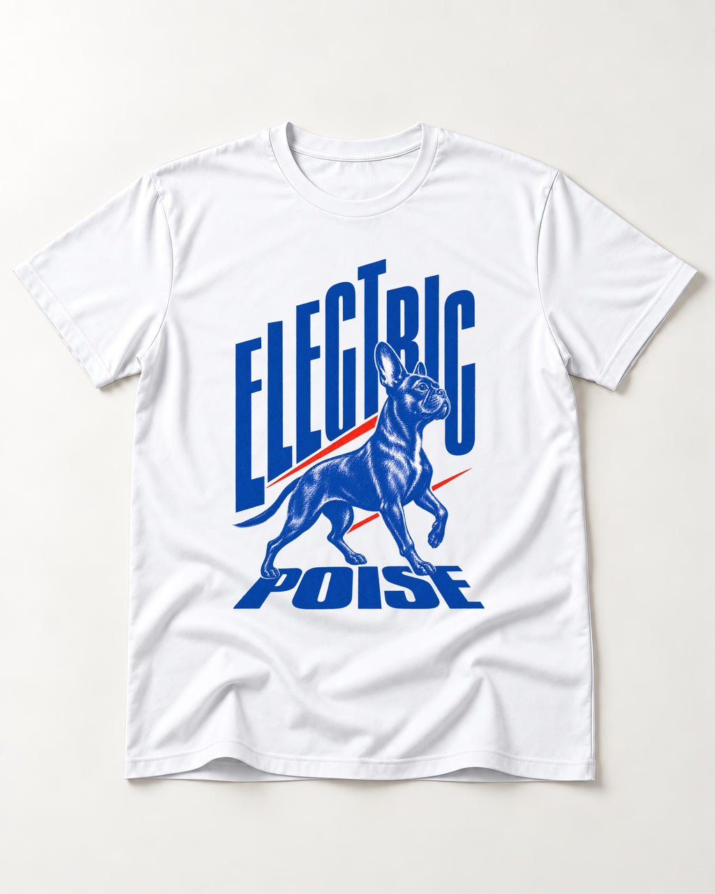 Boston Terrier Electric Poise T-Shirt in White, flat lay product photo