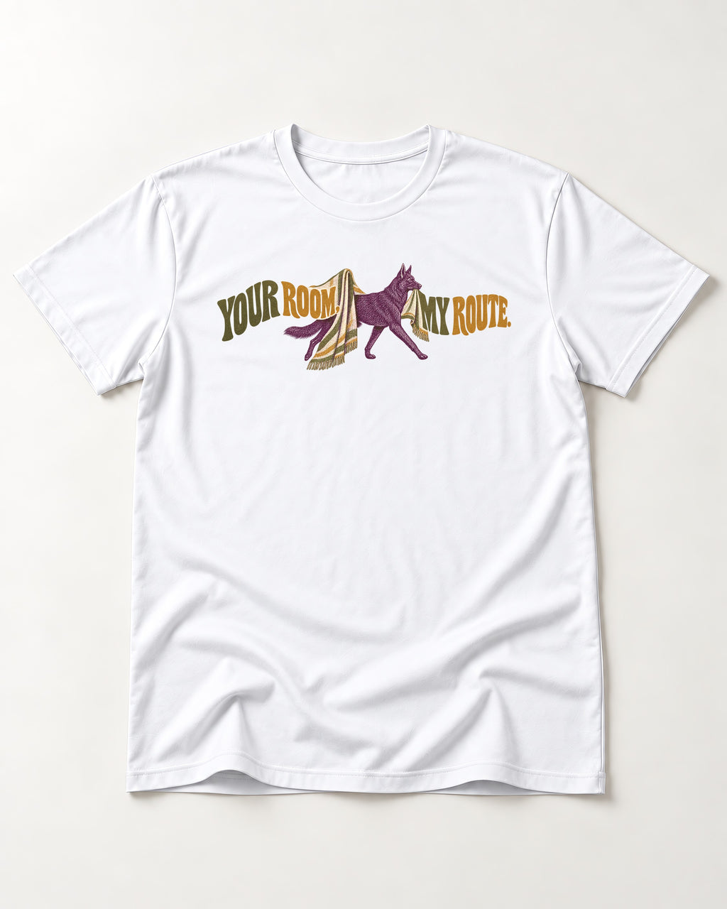 Your Room My Route German Shepherd Dog T-Shirt in White, flat lay product photo