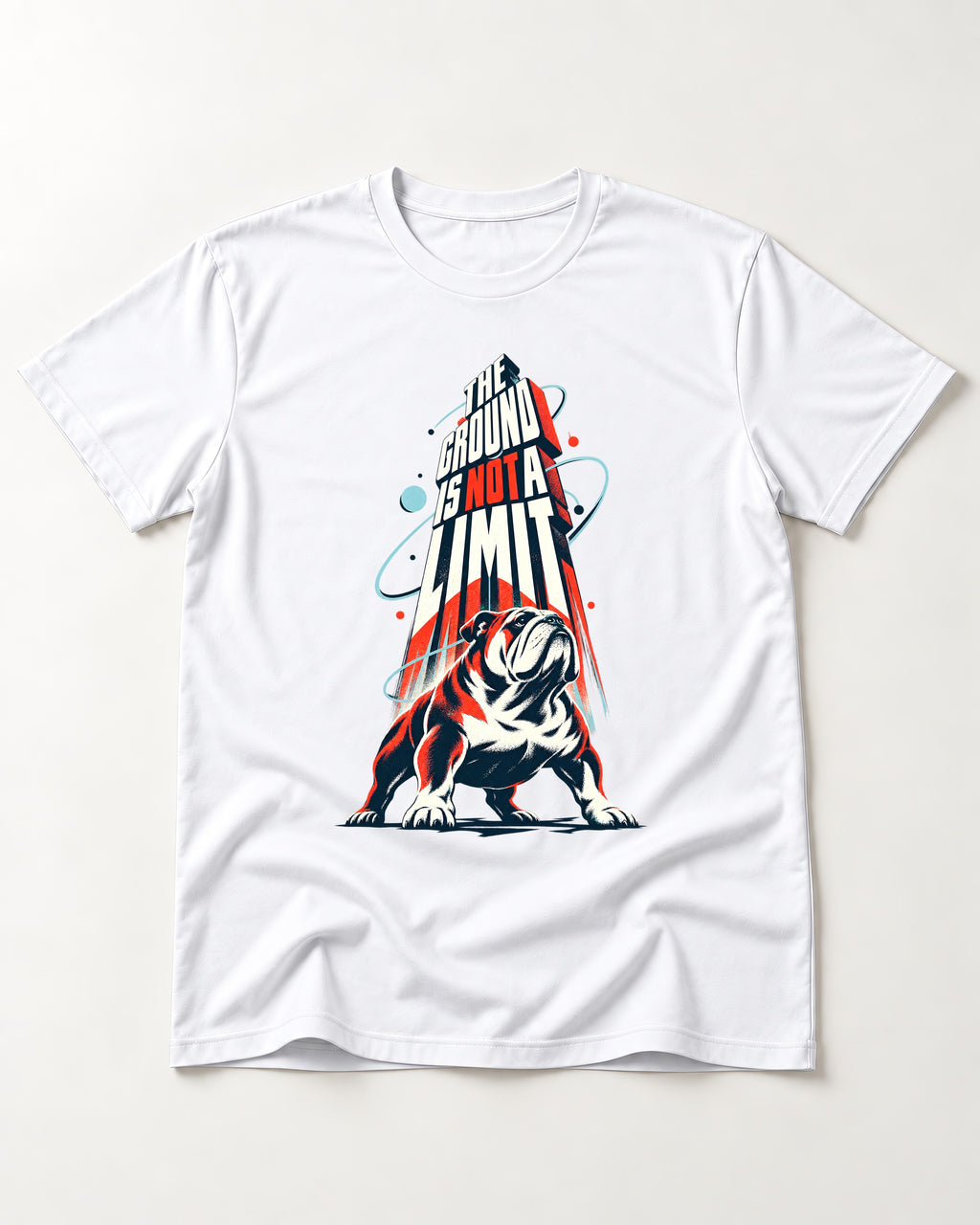English Bulldog The Ground Is Not a Limit Orbital Graphic T-Shirt in White, flat lay product photo