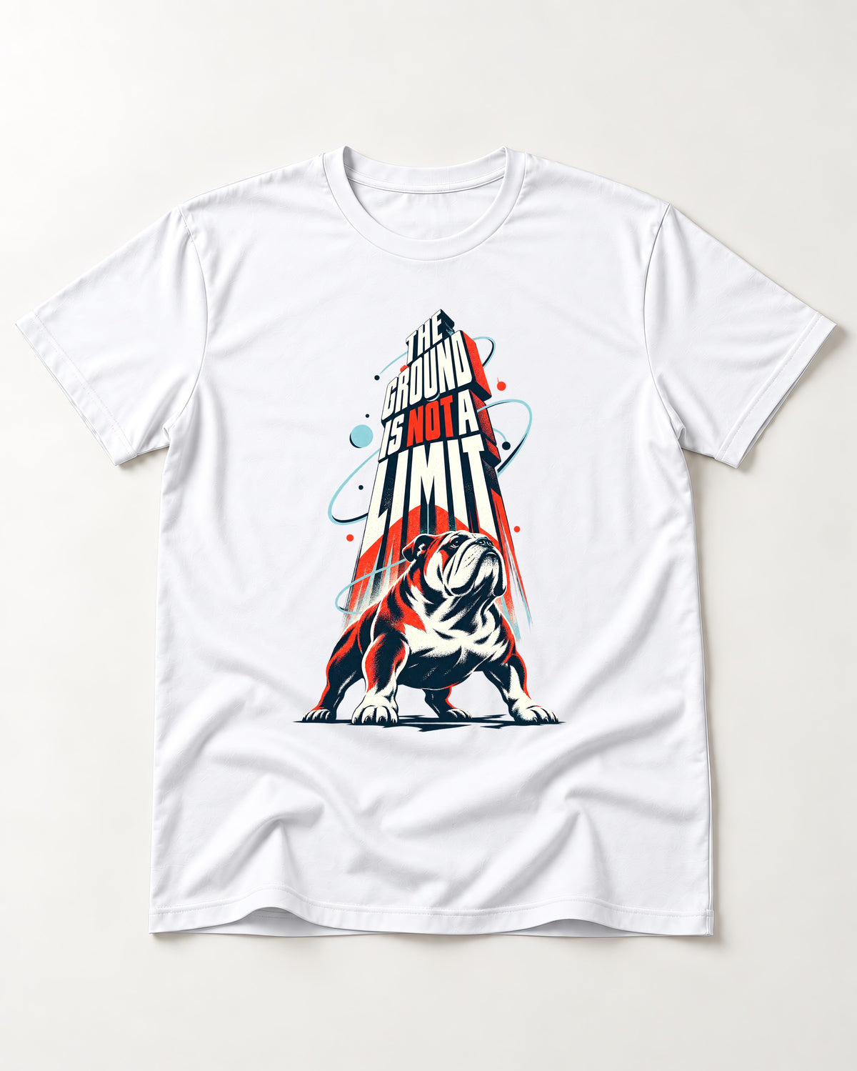 English Bulldog The Ground Is Not a Limit Orbital Graphic T-Shirt in White, flat lay product photo
