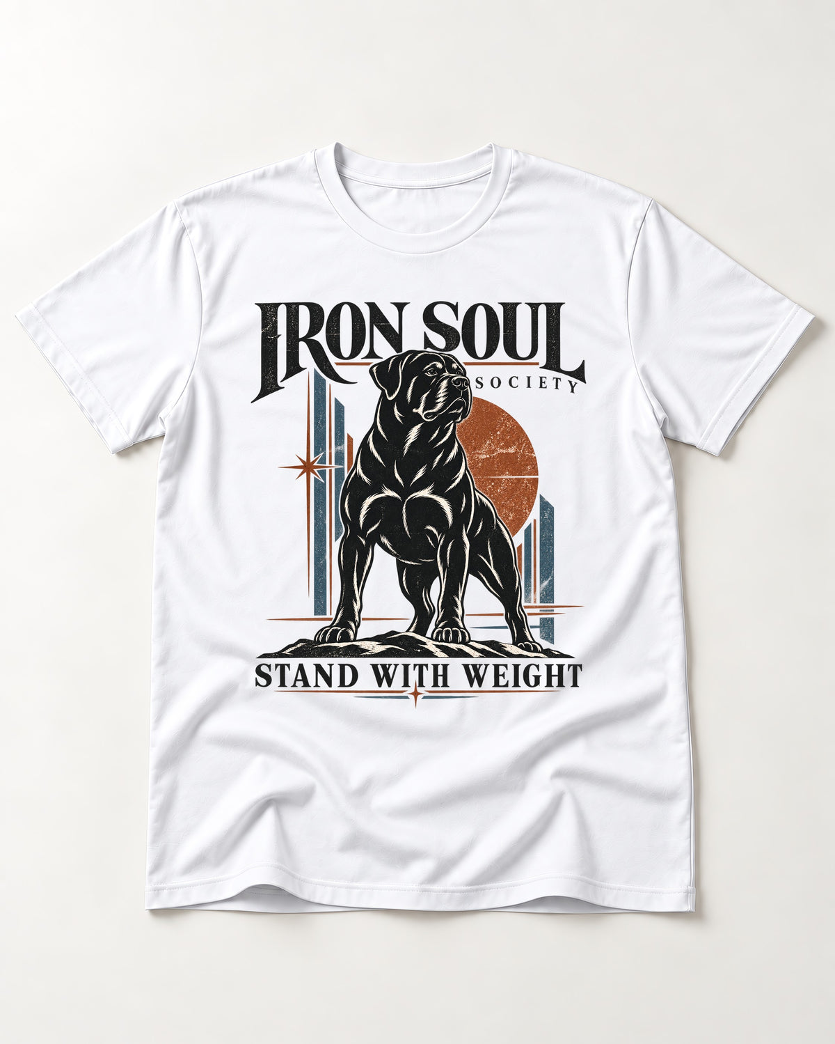Rottweiler Iron Soul Society T-Shirt in White, flat lay product photo